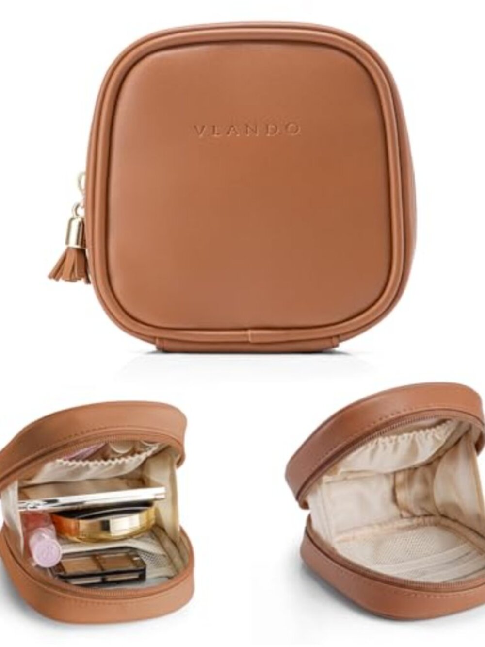 Small Wide-Open Zipper Makeup Bag Waterproof Leather Travel Cosmetic Pouch